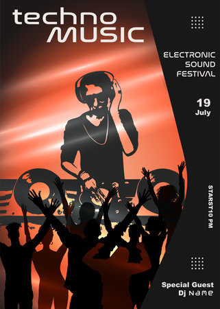 Music festival event flyer poster. Silhouette DJ and people dancing with raised hands.Graphic design abstract editable cover banner template disco or night club.Party entertainmentの写真素材