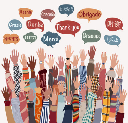 Banner with raised hands of multicultural people from different nations and continents with speech bubbles with text -thank you- in various international languages. communication.のイラスト素材