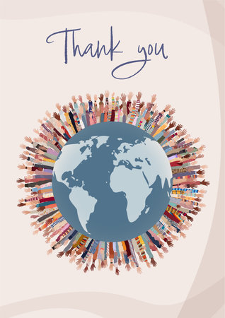 Raised hands of multicultural people around and in a circle of the earth with the handwritten text -Thank You- Gratitude between co-workers or friends.Community.Feedback.Followerの写真素材