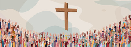 Group many Christians people with raised hands praying or singing.Christianity in the world.Christian worship.Concept of faith and hope in Jesus Christ.Background crucifixの写真素材