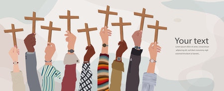 Group of multicultural christian people hands raised holding a wooden crucifix. Christian worship. Praying or singing. Concept of faith and hope in Jesus Christ. Copy space bannersのイラスト素材