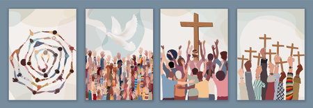 Christian group or community of different cultures. Church of faithful Christians. Christian brothers holding hands Christian believers with raised hands. Where and crucifxの写真素材