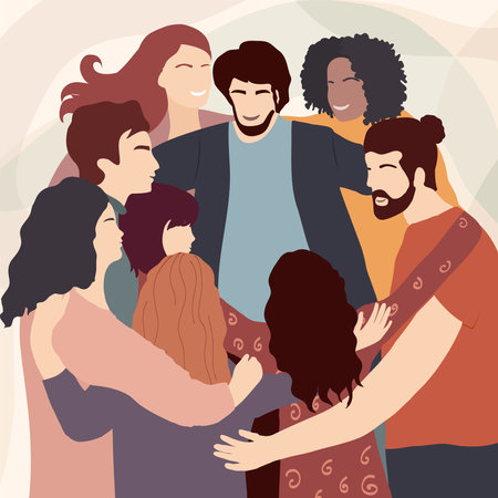 Group of people in circle from different cultures hugging each other. Teamwork and cooperation. Community of friends or volunteers committed to social issues for peace. environmentのイラスト素材