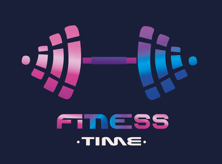 Barbell logo symbol or emblem for fitness gym studio. Weightlifting logo. Personal trainer or sports club. Training clubs. Vector futuristic design with trendy gradient colorのイラスト素材