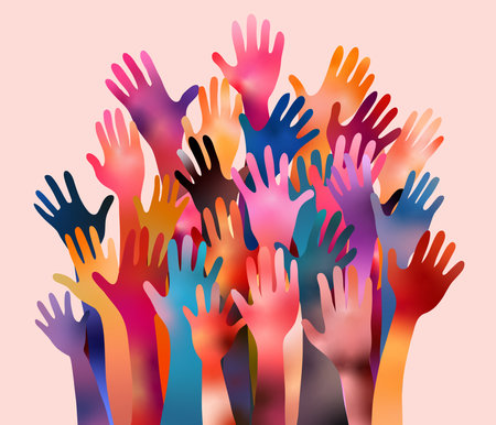Volunteer people with raised arms poster. People diversity. Charitable donation. Support and assistance. multicultural community. NGO. Aid. Help. Volunteerism. Inclusivity. Youの写真素材