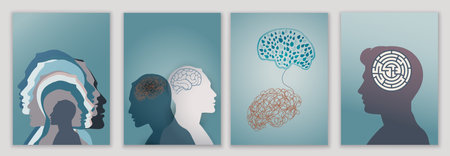 Template set. Leaflet brochure. Mental health. Metaphor bipolar disorder mind mental. Double sided. Split personality. Mood disorder. 2 Head silhouette.Psychology.OurMindsMatter.のイラスト素材