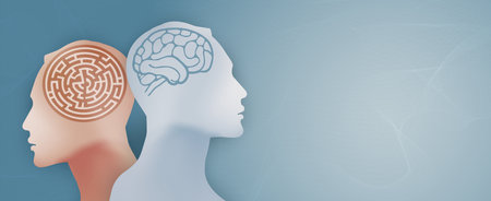 Metaphor bipolar disorder mind mental. 2 Head silhouette with labyrinth and brain. Mental health concept. Split personality.Mood disorder. Psychology.Psychiatry.OurMindsMatter. Burの写真素材