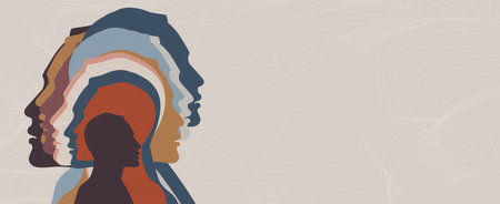 Mental health concept. Multiple overlapping heads silhouette. Metaphor bipolar disorder mind mental. Split personality.Mood disorder.Psychology. Psychiatry.OurMindsMatter.Burnoutのイラスト素材