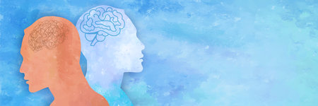 Metaphor bipolar disorder mind mental. Double face with tangle and untangle brain. Split personality. Mood disorder. 2 Head silhouettes. Psychology. Mental health. Watercolorの写真素材