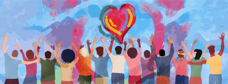 Group of diverse people seen from behind with hands raised. Charitable donation and volunteer work. Support and assistance. People diversity. Multicultural community. NGO. Aidのイラスト素材