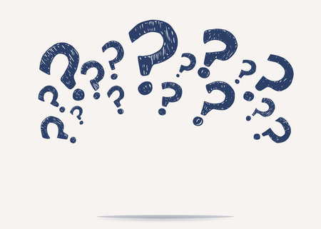 Question mark symbol sign hand draw doodle style arranged in semicircle banner copy space. Questionnaire wallpaper. Choice or problem or question or doubt or interrogation concept.のイラスト素材