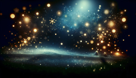 Luxurious Coupon Banner with copy space for Christmas or New Year greeting with bright and shimmering golden sparkling elements and snowflakes magical atmosphere bokeh on blueの素材