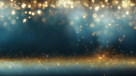 Web Banner coupon with copy space for Christmas or New Year greeting with bright and shimmering golden sparkling elements and magical atmosphere bokeh and bling.Blue backgroundの素材
