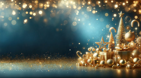 Luxurious banner with copy space for Christmas greeting with bright and shimmering golden sparkling decorative Christmas elements with magical atmosphere bokeh and bling on dark blの素材