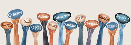 Raised hands of multicultural people from different nations and continents holding speech bubbles...