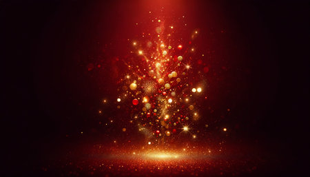 Web Banner coupon with copy space for Christmas greeting with bright and shimmering golden particles sparkling elements and magical atmosphere bokeh and bling on red and black backの素材