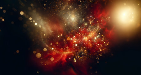 Web Banner coupon copy space Galaxy and Cosmos for Christmas greeting with bright and shimmering golden sparkling elements and magical atmosphere bokeh bling on red and backgroundの素材