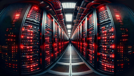 Futuristic Big Data Service. Business man CTO using laptop standing in Warehouse. Information Lines. Cloud Computing. Activation of AI servers or web servers. Start of digitizationの素材