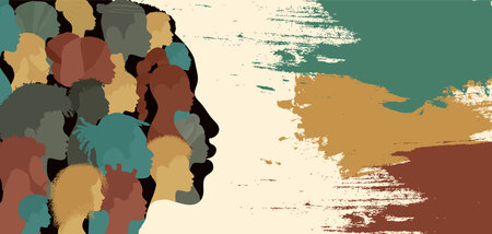 Head silhouette of black man containing many heads of African and African American people.Black history month.Black Ethnic group.Racial equality - justice - identity - anti-racism.のイラスト素材