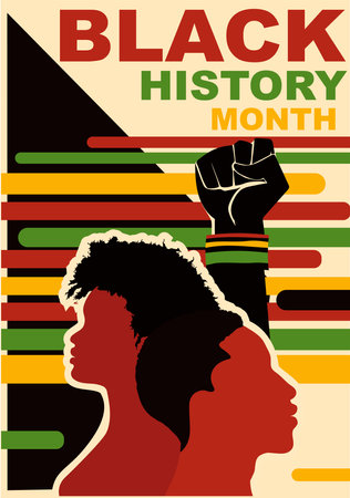 Black history month event. Profile silhouettes people African and African American. Ethnic group black man and woman. Raised fist.Racial equality - justice - identity - anti-racismのイラスト素材