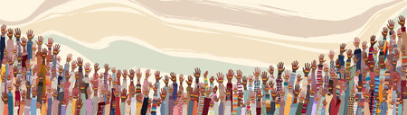 Many black skin African American men women children seniors group raised hand holding a heart with flag colors for Black History Month event. Racial equality. Banner poster.Equalの写真素材