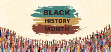 Many black skin African American men women children seniors group raised hand holding a heart with flag colors for Black History Month event.Banner poster copy space. Equalityの写真素材