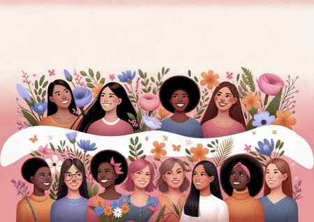 Banner with group of multicultural women with pink background and flowers. International women's dayの素材