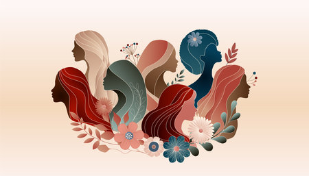 Group silhouette of multicultural women with pink background and flowers. International women's day. Copy space bannerのイラスト素材