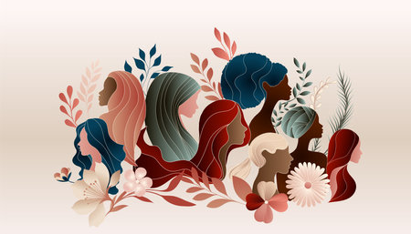 Group silhouette of multicultural women with leaves and flowers. International women's day. women of different cultures. Bannersのイラスト素材