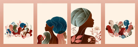 Group silhouette of multicultural women. International women's day. Diversity - inclusion - equality or empowerment. Anti racism or stop discrimination. Template - leaflet - posterのイラスト素材