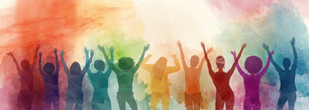 Group silhouette of multicultural women with raised hands seen from behind. International women's...