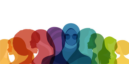 Isolated group silhouette of multicultural women. International women's day. Diversity - inclusion - equality or empowerment concept. Rainbow colors bannerのイラスト素材