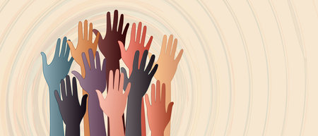 Banner with volunteer people with raised hands. Diversity Equality Inclusion. Charitable donation. Support and assistance. Multicultural community. NGO. Aid. Help. Volunteerism.のイラスト素材