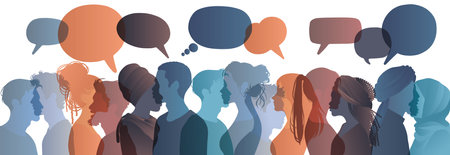 Communication across diverse cultures - Multicultural dialogue represented by colored silhouette and speech bubbles of mixed-race individuals. Diversity equality inclusion conceptのイラスト素材