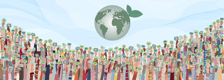 Raised hands of multicultural diverse people holding speech bubble with symbols relating to ecology green and clean environment solar energy recycling for a sustainable futureの写真素材