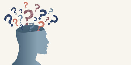 Hand drawn question marks in semicircle above a head silhouette. Questionnaire wallpaper. Copy space banner. Choice or problem or question or doubt or interrogation concept. FAQのイラスト素材