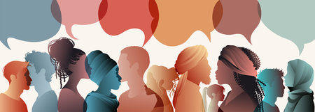 Communication across diverse cultures - Multicultural dialogue represented by colored silhouette and speech bubbles of multiethnic individuals. Diversity equality inclusion conceptのイラスト素材
