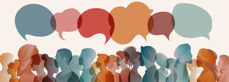 Communication across diverse cultures - Multicultural dialogue represented by colored silhouettes and speech bubbles of multiethnic individuals.Diversity equality inclusion conceptのイラスト素材