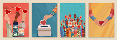 Leaflet - poster with hand holding heart. Donation box. editable cover - template. Charity and solidarity donation. Campaign Call for Volunteers. Voluntary concept. NGO. Aidのイラスト素材