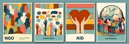 Volunteer people group concept flyer brochure poster editable template.Multicultural diverse people with around the earth. Raised hand. Hand holding heart. Solidarity. NGO Aid concのイラスト素材