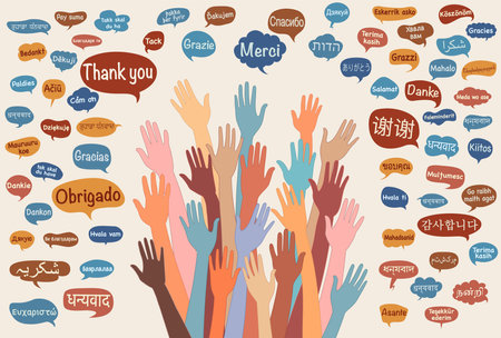 Banner with group raised hands of multicultural people from different nations and continents with speech bubbles with text -THANK YOU- in various international languages.Equalのイラスト素材