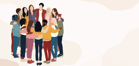 Group of people in circle from different cultures hugging each other.Teamwork cooperation.のイラスト素材