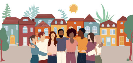 Community and sharing between neighbors. Neighborhood concept meeting or acts of care - care jobs.A group of multicultural people embracing seen from the front with a background ofのイラスト素材