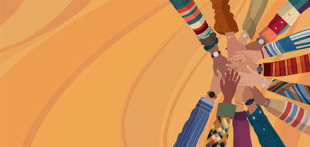 Group hands on top of each other of multicultural people. Community teamwork cooperation or...