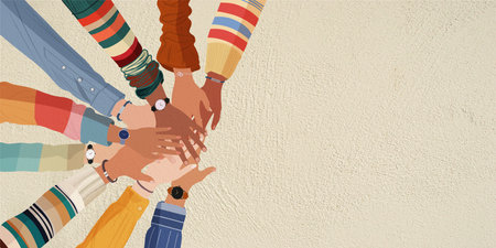 Group stack of hands in circle of colleagues. Concept of agreement or unity