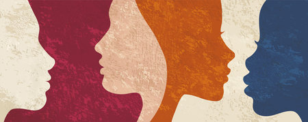 Communication group of multicultural diversity women and girls - face silhouette. Female social network community. Racial equality.Friendship. Colleagues. Women's dayのイラスト素材