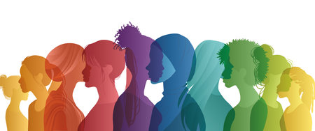 Communication group of multicultural diversity women and girls - face silhouette profile. Female social network community of different cultures. Racial equality.Friendship. Colleaguesのイラスト素材