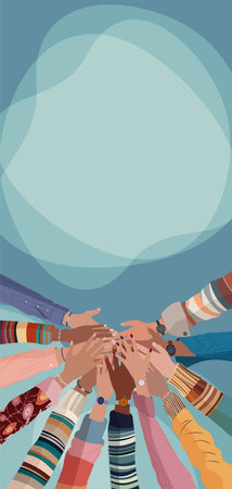 Group hands on top of each other of multicultural people. Community teamwork cooperation or ethnicity concept.Diverse cultures. Equality diversity inclusion. Agreement. Copy spaceのイラスト素材