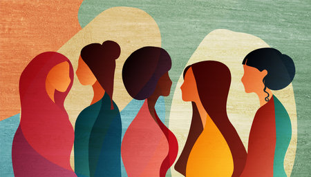 Group silhouette of multicultural women. Empowerment inclusion - equality - Diversity - or girl power concept. International women's day. Grunge texture background. Vibrant coloursの写真素材