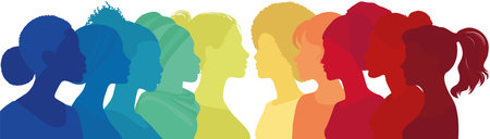 Communication group of multicultural women. face silhouette profile. Female social network community...